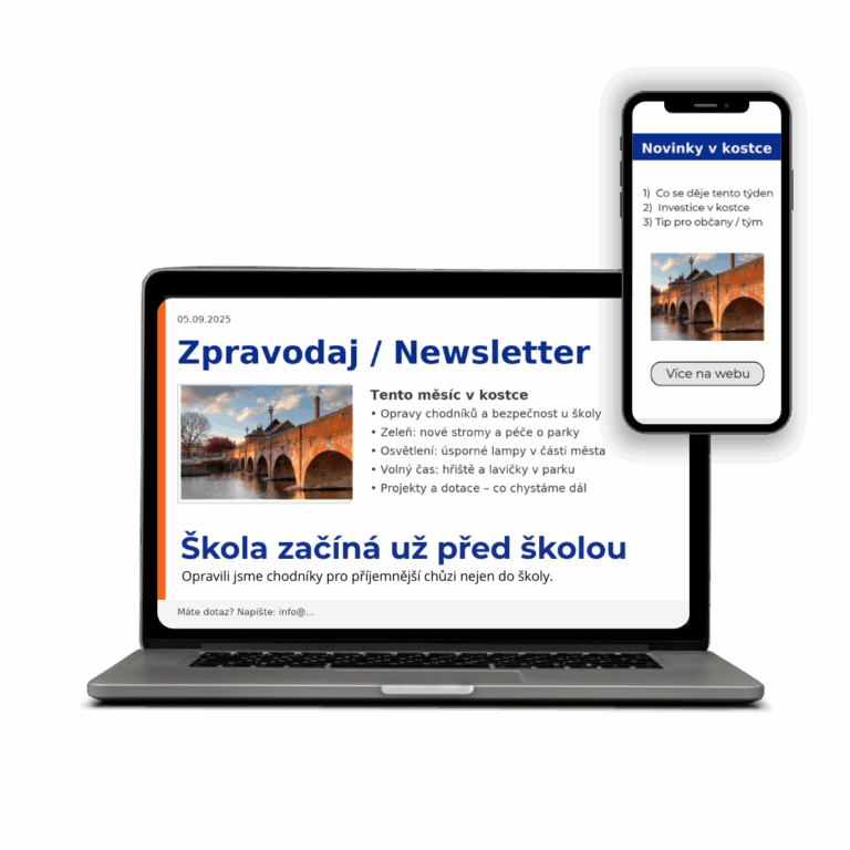 Notebook se zpravodajem a&nbsp;telefon s&nbsp;příspěvkem – ukázka jednotného stylu pro web, sítě a&nbsp;e-mail